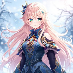 A female character inspired by Genshin Impact, with long, flowing peach-colored hair, bright blue eyes featuring striking yellow highlights, and a porcelain pale complexion