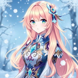 A female character inspired by Genshin Impact, with long, flowing peach-colored hair, bright blue eyes featuring striking yellow highlights, and a porcelain pale complexion