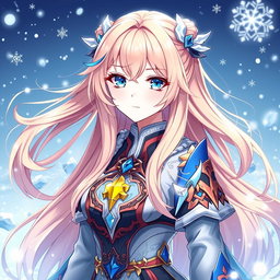 A female character inspired by Genshin Impact, with long, flowing peach-colored hair, bright blue eyes featuring striking yellow highlights, and a porcelain pale complexion