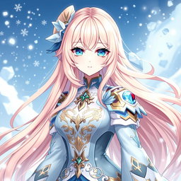 A female character inspired by Genshin Impact, with long, flowing peach-colored hair, bright blue eyes featuring striking yellow highlights, and a porcelain pale complexion