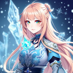 A beautiful 18-year-old female character inspired by Genshin Impact, featuring long peach-colored hair flowing gracefully and striking blue eyes accented with vivid yellow highlights