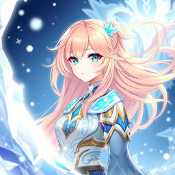 A beautiful 18-year-old female character inspired by Genshin Impact, featuring long peach-colored hair flowing gracefully and striking blue eyes accented with vivid yellow highlights
