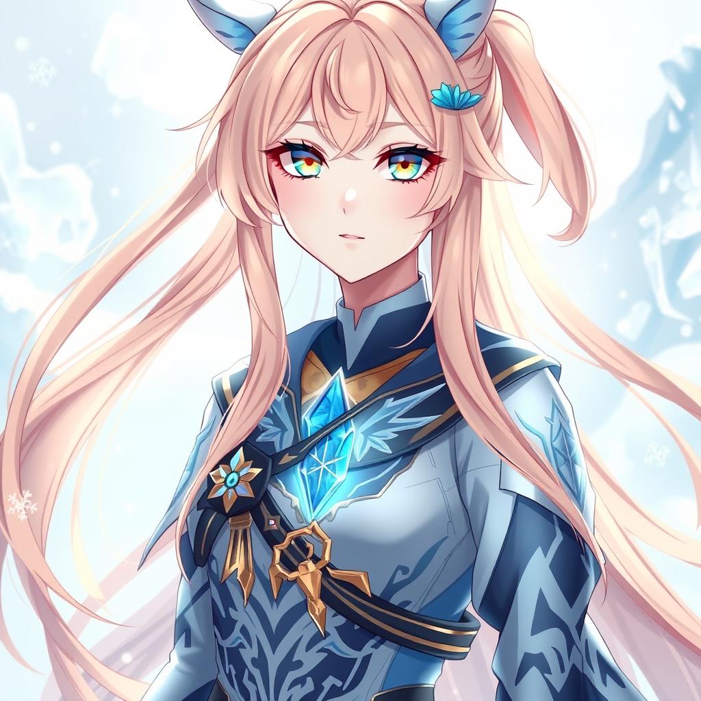 A beautiful 18-year-old female character inspired by Genshin Impact, featuring long peach-colored hair flowing gracefully and striking blue eyes accented with vivid yellow highlights