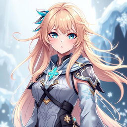 A beautiful 18-year-old female character inspired by Genshin Impact, featuring long peach-colored hair flowing gracefully and striking blue eyes accented with vivid yellow highlights