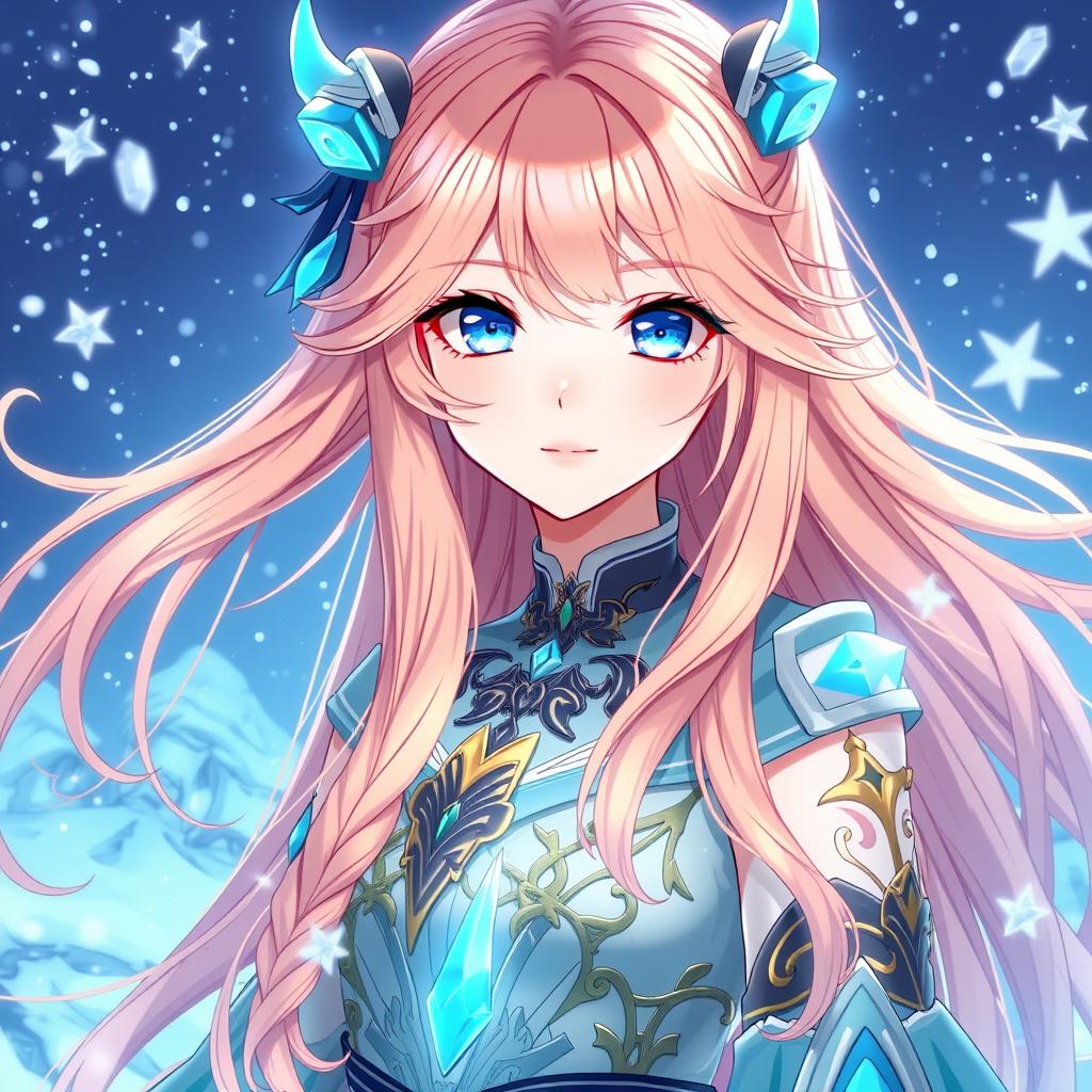 A stunning 18-year-old female character inspired by Genshin Impact, showcasing long, flowing peach-colored hair and captivating blue eyes accented with bright yellow highlights