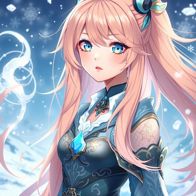 A stunning 18-year-old female character inspired by Genshin Impact, showcasing long, flowing peach-colored hair and captivating blue eyes accented with bright yellow highlights