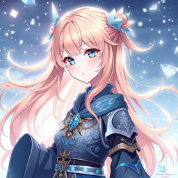 A stunning 18-year-old female character inspired by Genshin Impact, showcasing long, flowing peach-colored hair and captivating blue eyes accented with bright yellow highlights