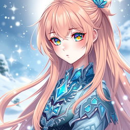 A stunning 18-year-old female character inspired by Genshin Impact, showcasing long, flowing peach-colored hair and captivating blue eyes accented with bright yellow highlights