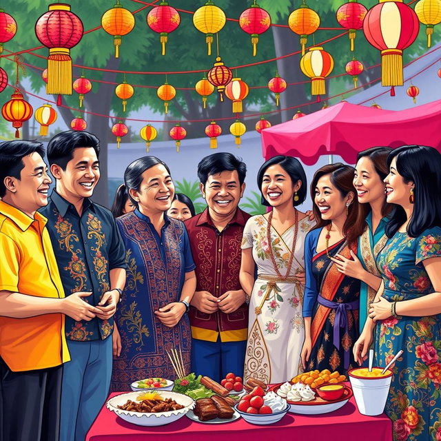 A vibrant scene depicting a diverse group of people engaging in cultural exchange, showcasing their shared Filipino culture