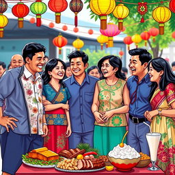 A vibrant scene depicting a diverse group of people engaging in cultural exchange, showcasing their shared Filipino culture