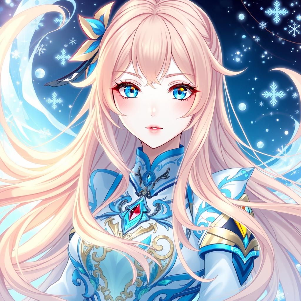 A captivating 18-year-old female character designed in the style of Genshin Impact, featuring long, flowing peach-colored hair that cascades elegantly around her
