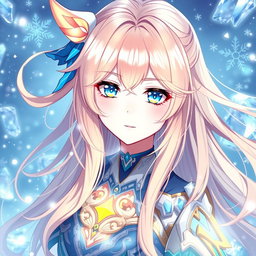 A captivating 18-year-old female character designed in the style of Genshin Impact, featuring long, flowing peach-colored hair that cascades elegantly around her