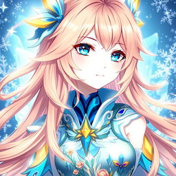 A captivating 18-year-old female character designed in the style of Genshin Impact, featuring long, flowing peach-colored hair that cascades elegantly around her