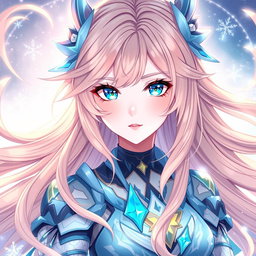 A captivating 18-year-old female character designed in the style of Genshin Impact, featuring long, flowing peach-colored hair that cascades elegantly around her