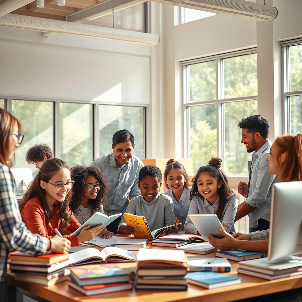 A vibrant scene depicting a pedagogical practice session between students and mentors within a bright, modern classroom