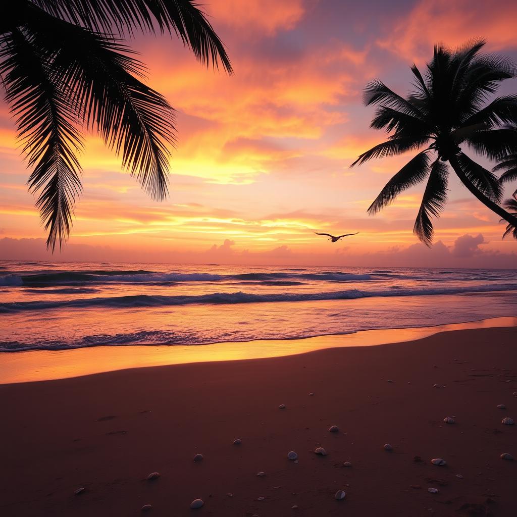 A vibrant sunset over a tranquil beach, with soft waves gently lapping at the shore