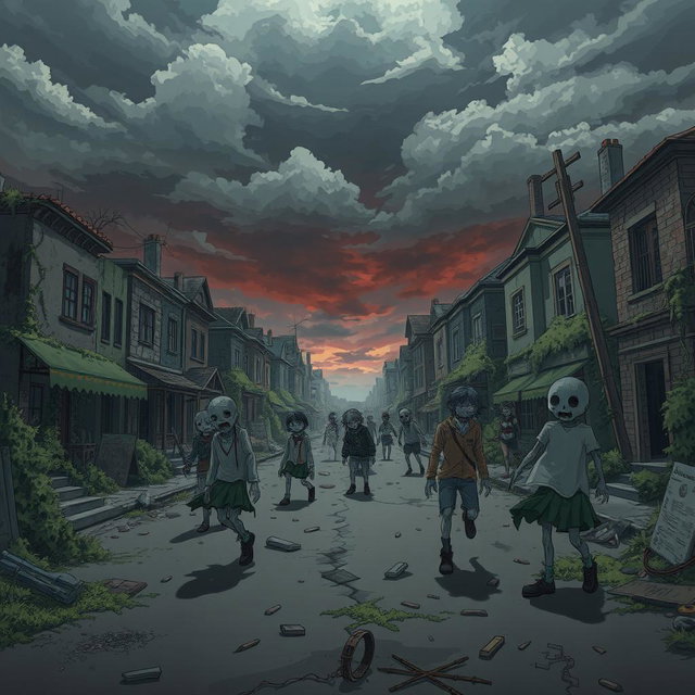 An anime-style illustration depicting a post-apocalyptic town overrun by zombies