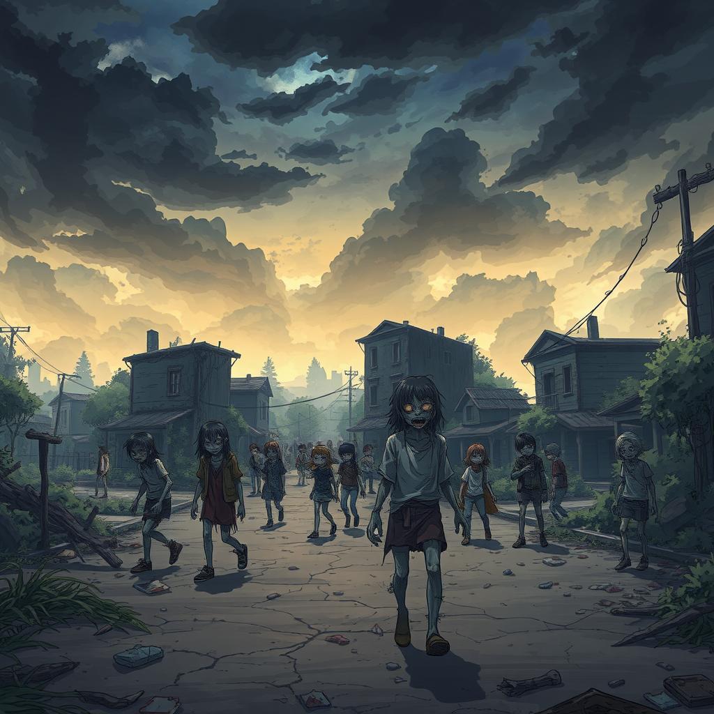 An anime-style illustration depicting a post-apocalyptic town overrun by zombies