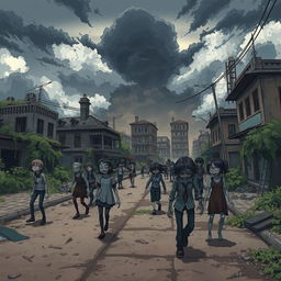 An anime-style illustration depicting a post-apocalyptic town overrun by zombies