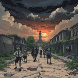 An anime-style illustration depicting a post-apocalyptic town overrun by zombies