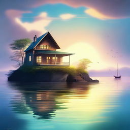 A high-quality digital art piece depicting a serene scene of a charming house situated in the middle of the sea