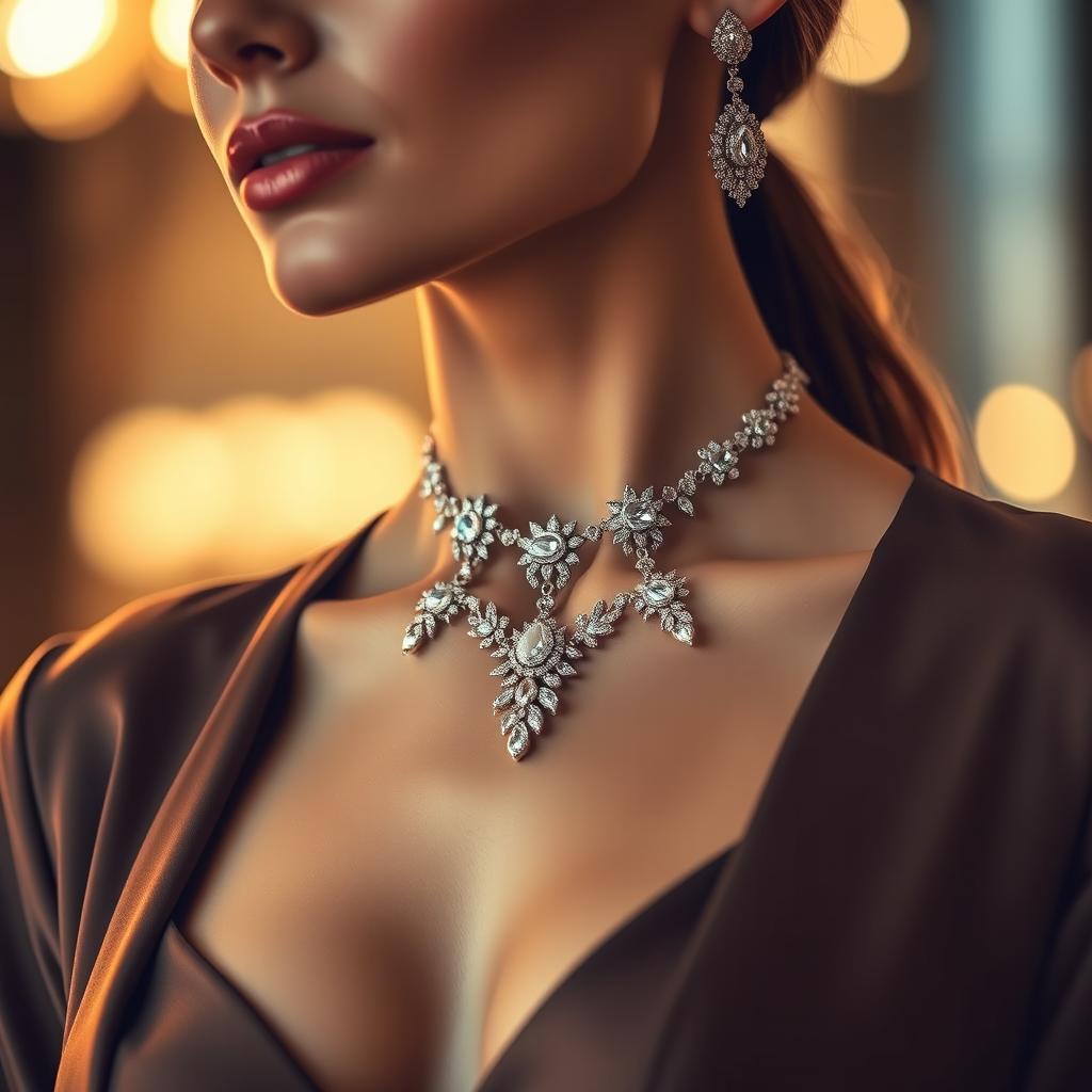 A stylish, elegant model showcasing an exquisite necklace on her neck