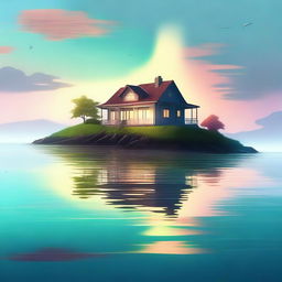 A high-quality digital art piece depicting a serene scene of a charming house situated in the middle of the sea