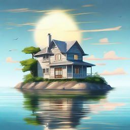 A high-quality digital art piece depicting a serene scene of a charming house situated in the middle of the sea