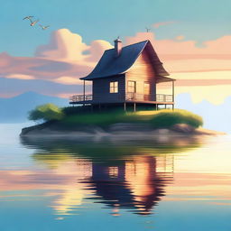 A high-quality digital art piece depicting a serene scene of a charming house situated in the middle of the sea