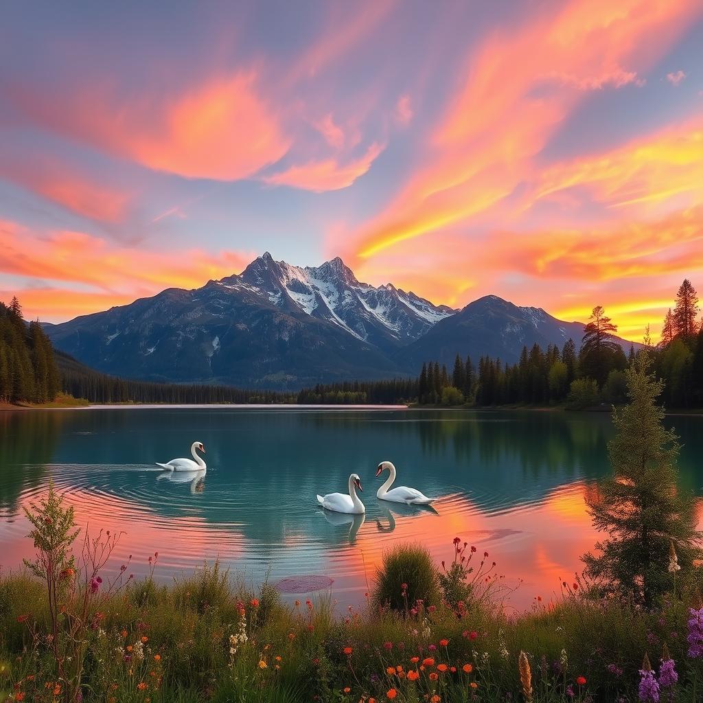 A serene landscape featuring a majestic mountain range in the background, with a vibrant sunset casting warm hues of orange and pink across the sky