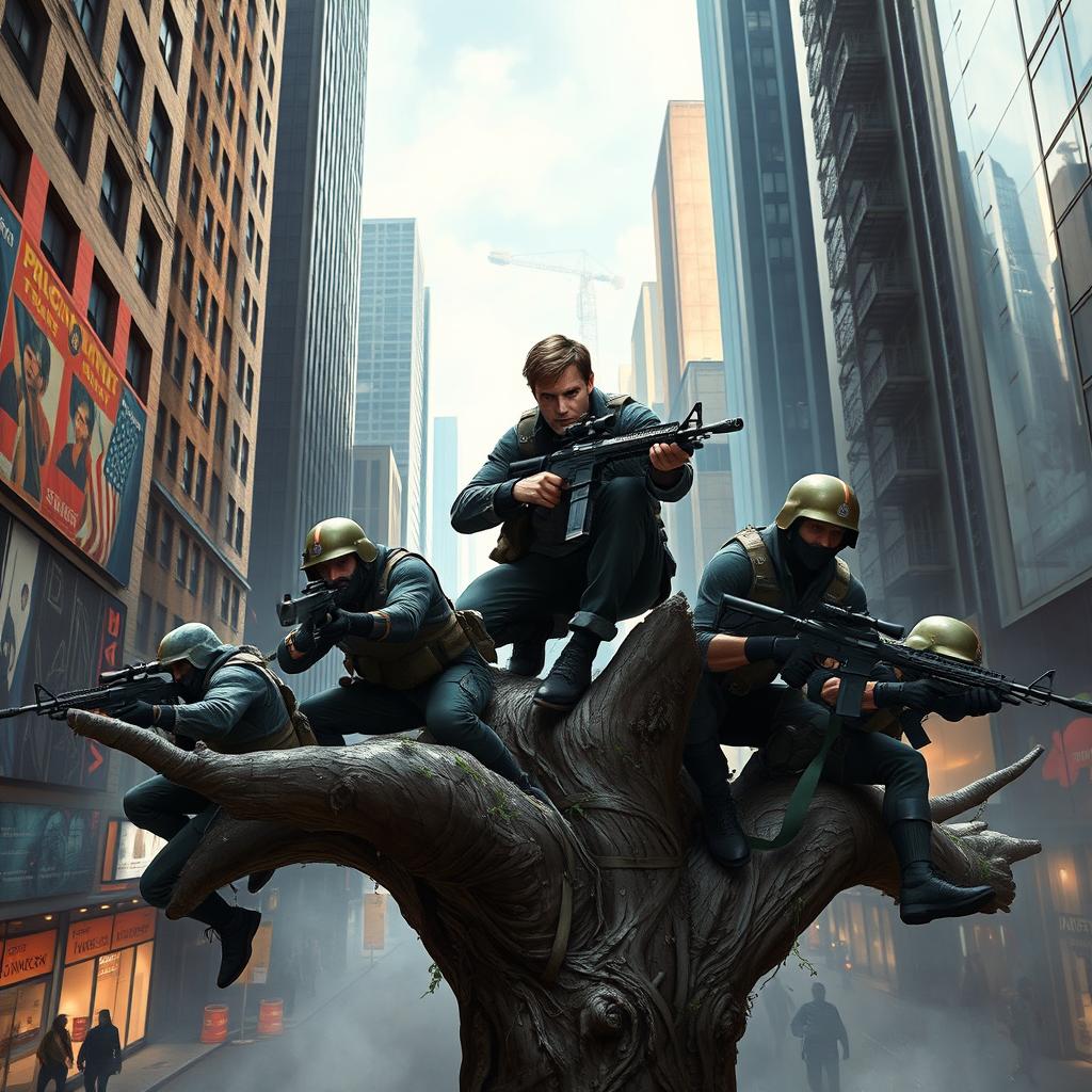An American kneeling on top of an urban tree, equipped with a sniper rifle, surrounded by four fighters