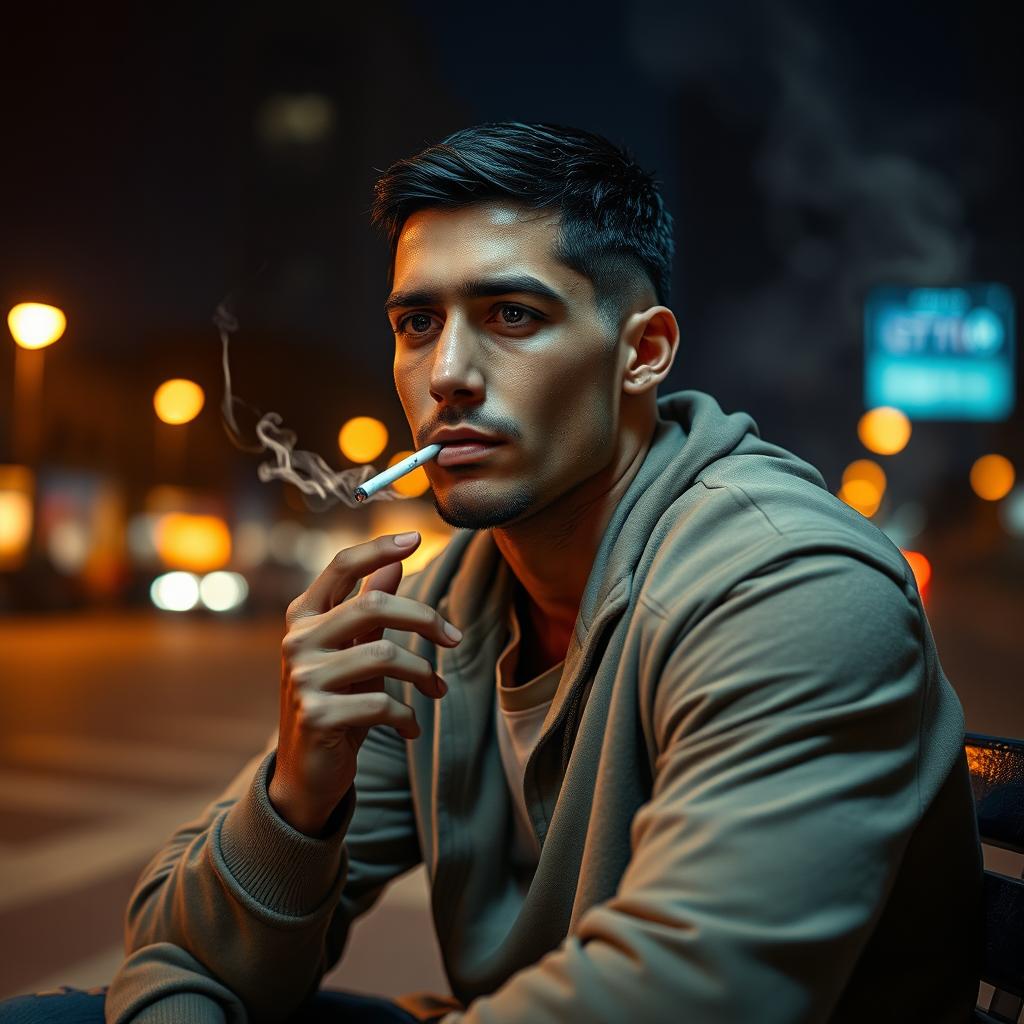 A portrait of a famous football player with short black hair, wearing a casual outfit, sitting on a bench in a dimly lit urban environment