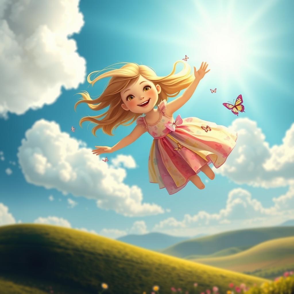 A whimsical scene featuring a young girl flying through a bright, blue sky
