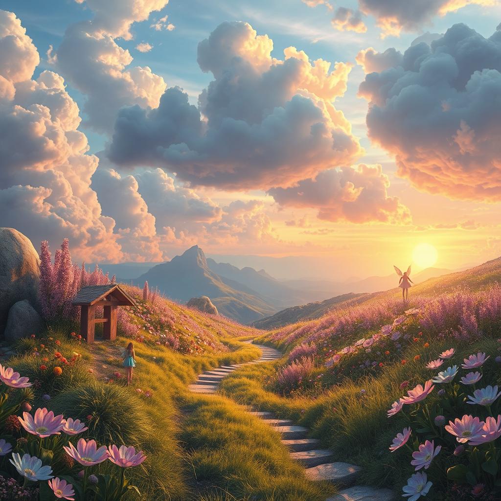 A surreal landscape representing an enchanting and recurring dreamlike paradise