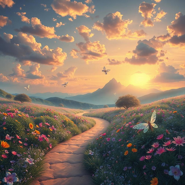 A surreal landscape representing an enchanting and recurring dreamlike paradise