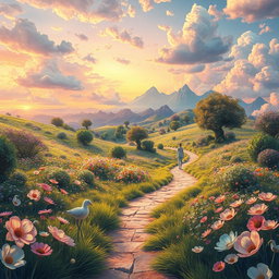 A surreal landscape representing an enchanting and recurring dreamlike paradise