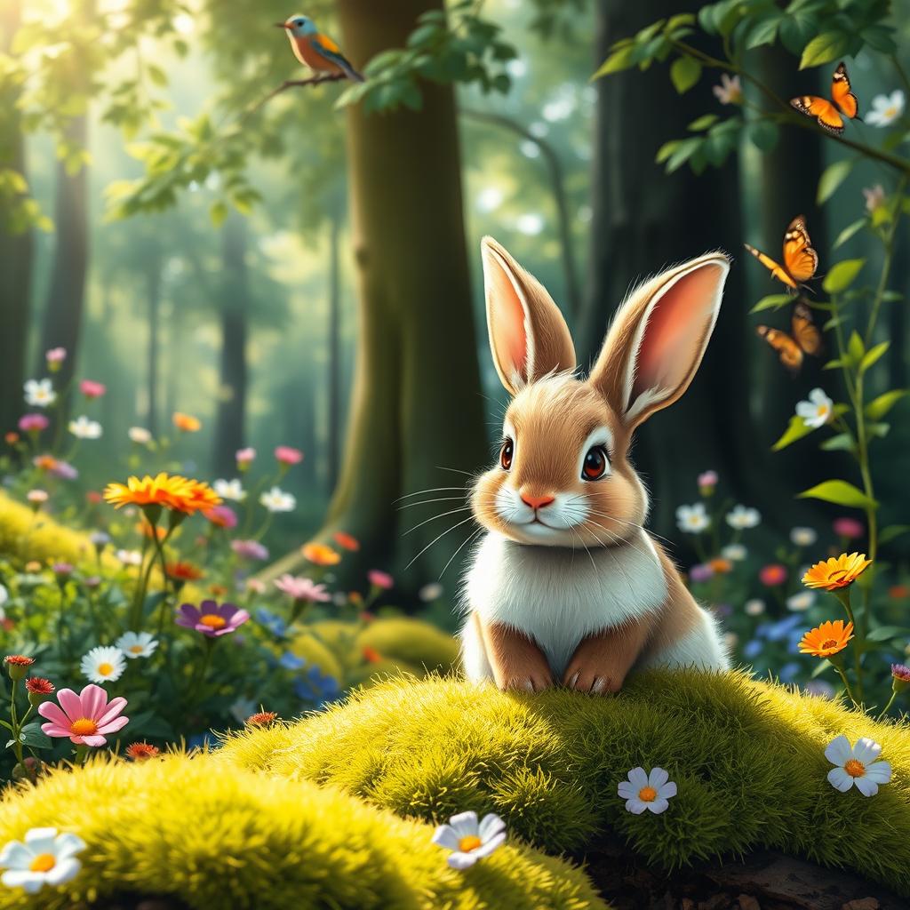 A cute rabbit sitting in a lush green forest, surrounded by vibrant wildflowers, tall trees with dappled sunlight filtering through the leaves, and soft moss covering the ground