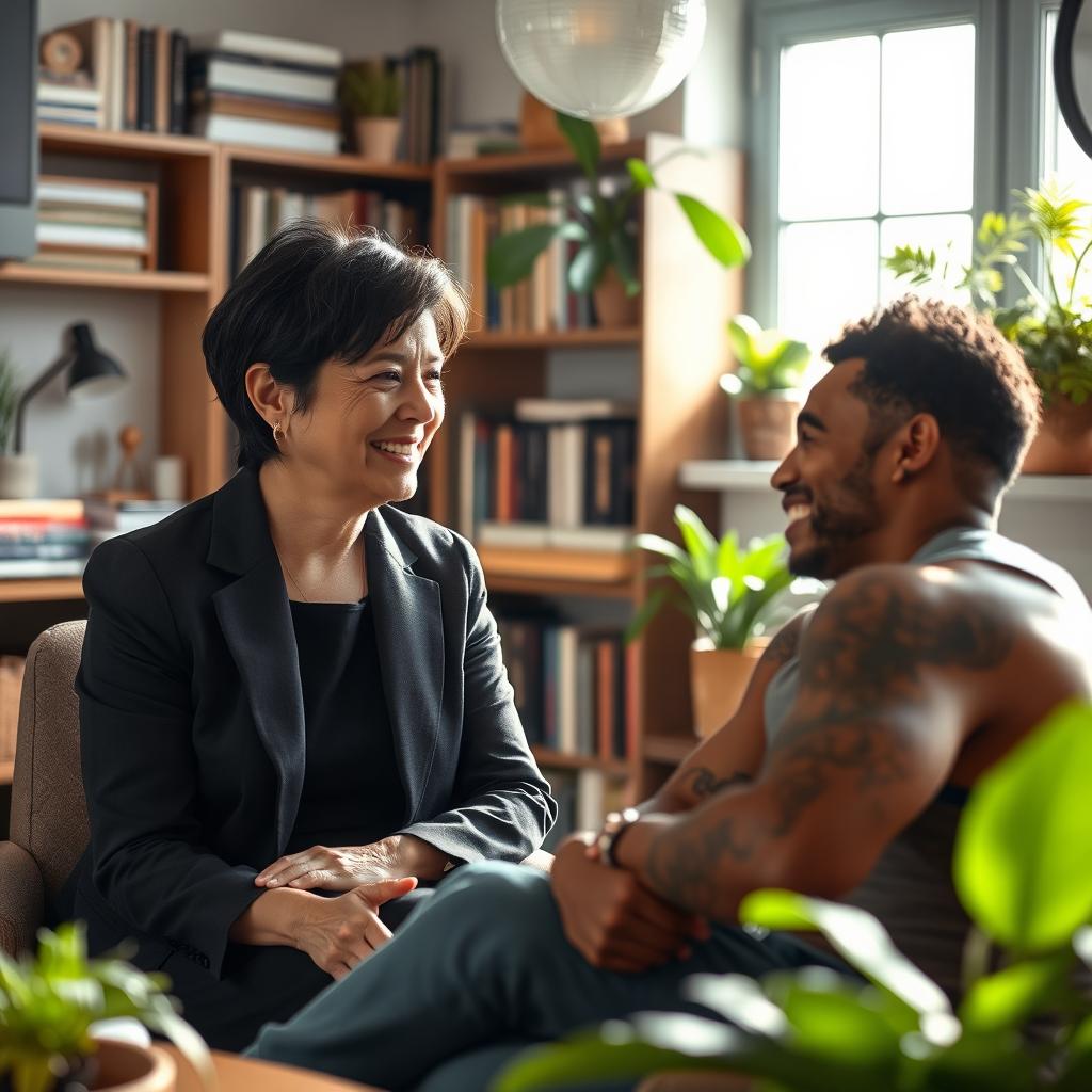 A dedicated social worker engaged in a heartfelt conversation with a client in a cozy office setting