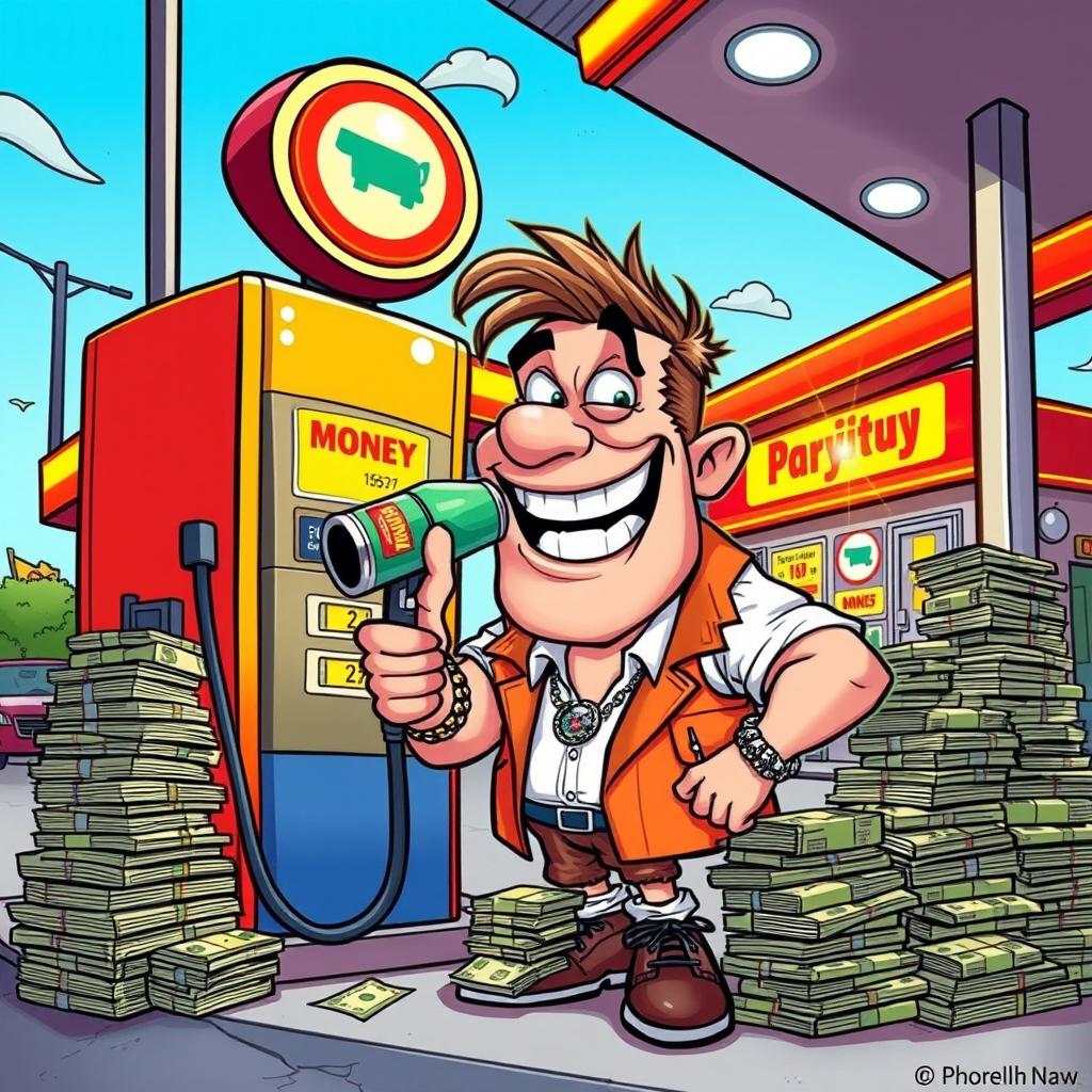 A cartoon of a greedy man, looking very happy while partying at a gas station