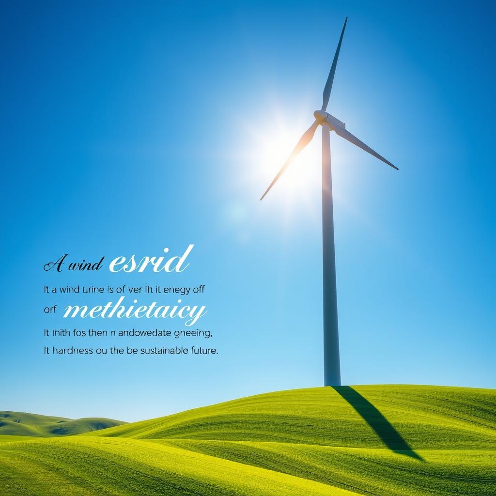A stunning image of a tall wind turbine standing majestically against a bright blue sky, surrounded by a lush green landscape with rolling hills