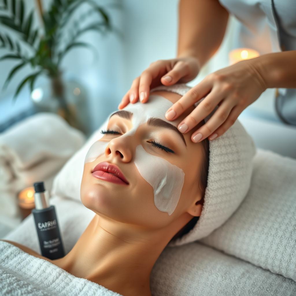 A high-quality image of a beautiful woman receiving a facial and skincare treatment at a luxurious spa