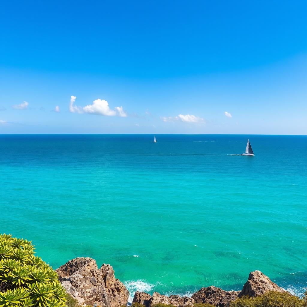 A vibrant green sea stretching towards the horizon, with gentle waves reflecting shades of emerald and turquoise under a clear blue sky