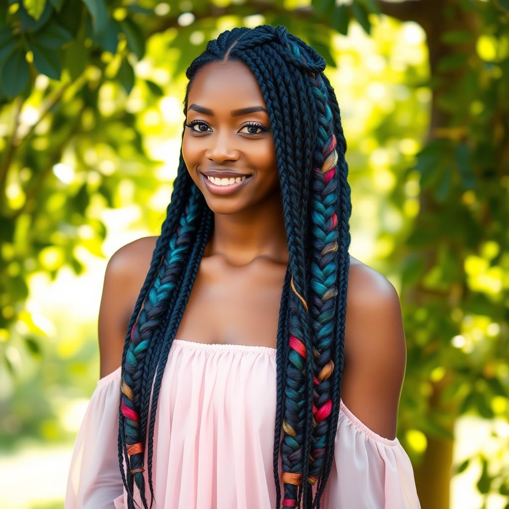 A beautiful woman with long vibrant hair styled in elegant braids