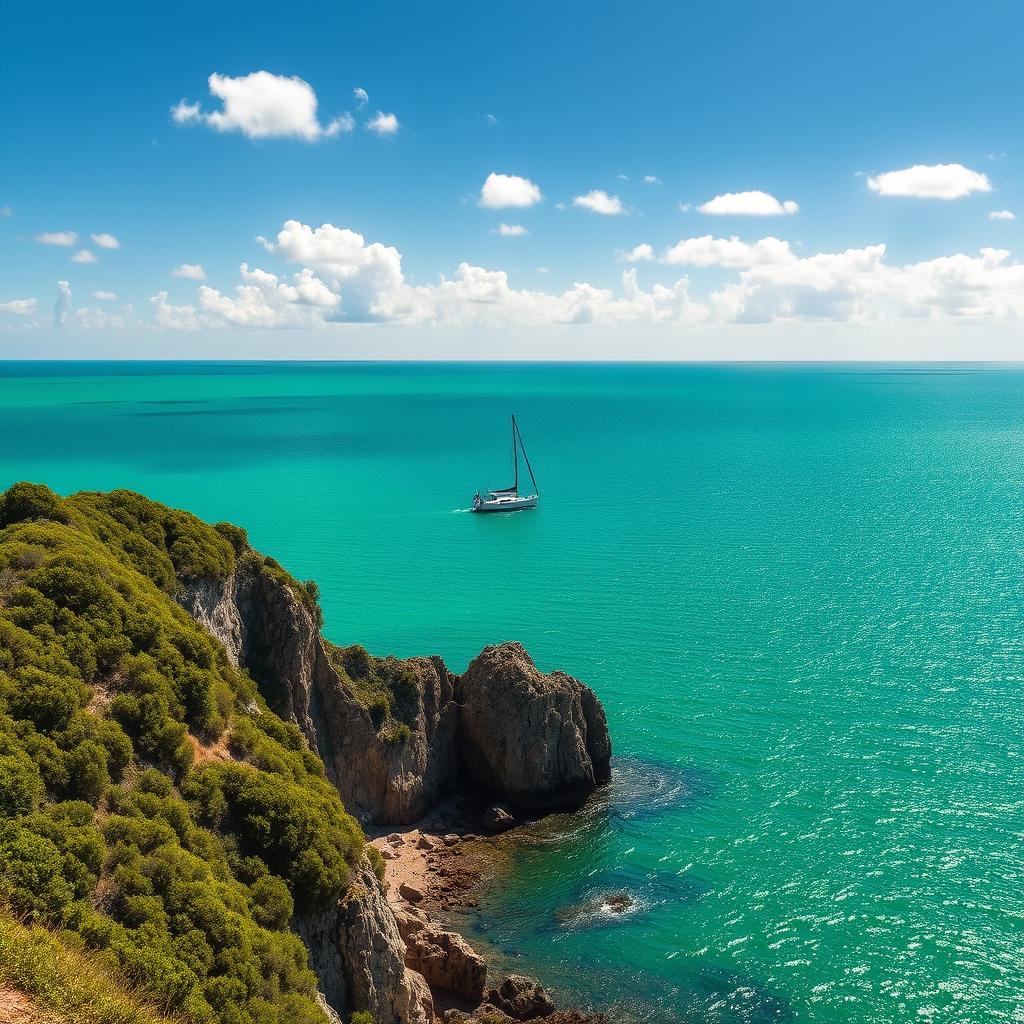 A vibrant green sea stretching endlessly toward the horizon, awash with a variety of emerald and turquoise hues shimmering under a bright, sunny sky