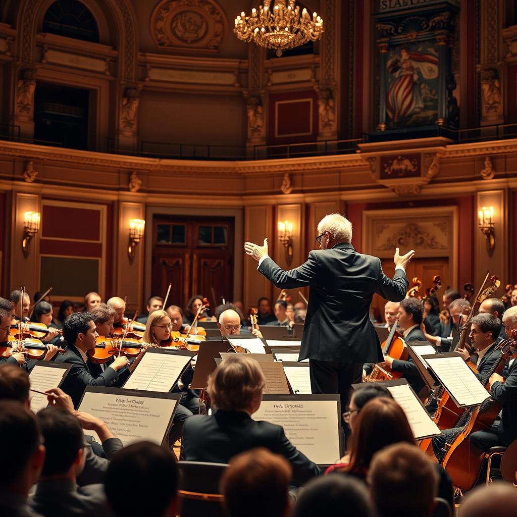 A grand symphony orchestra performing on stage, featuring various musicians playing classical instruments like violins, cellos, and trumpets