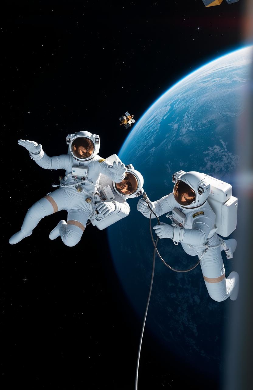 Two astronauts floating gracefully in the vast expanse of space, clad in sleek white spacesuits with reflective visors showcasing faint glimpses of their determined faces
