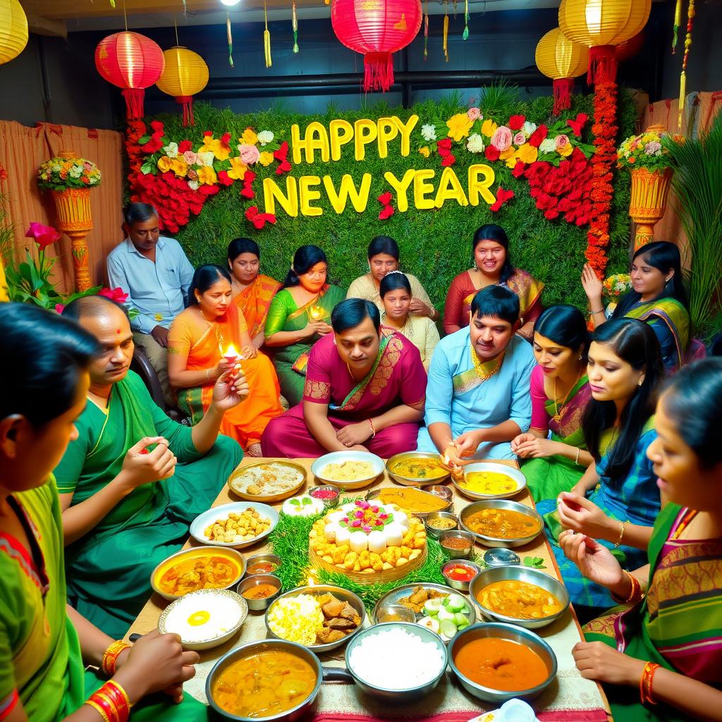 A vibrant and lively celebration of the Sinhala New Year, featuring traditional Sri Lankan elements such as colorful decorations, joyful families gathered around a feast of delicious local dishes like kiribath (milk rice), various curries, and sweets
