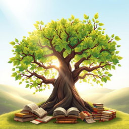 A beautifully illustrated Tree of Knowledge, with lush green leaves and intricate branches that symbolize wisdom and learning