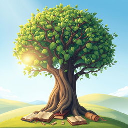 A beautifully illustrated Tree of Knowledge, with lush green leaves and intricate branches that symbolize wisdom and learning