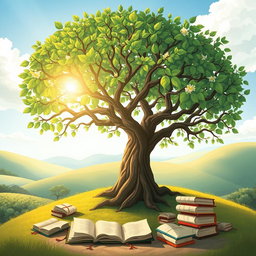 A beautifully illustrated Tree of Knowledge, with lush green leaves and intricate branches that symbolize wisdom and learning